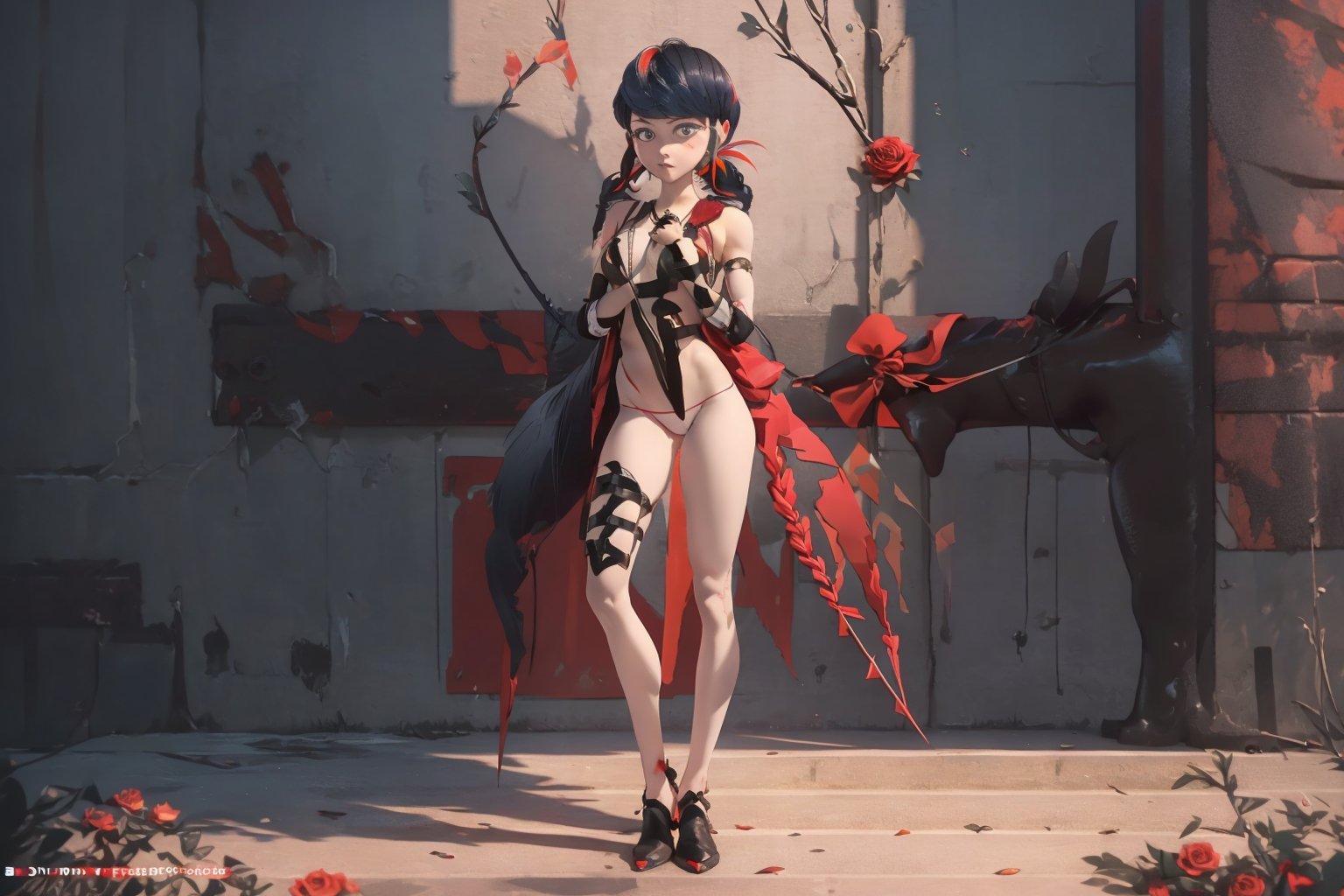 Hyperrealistic, photorealistic, super detailed, volumetric lighting, {vine-covered fortress wall with roses growing along it}, ((full body view)), Marinette Dupain-Cheng standing near gates in a wall (wearing leather armour with metal shoulderpads) and (holding a hunter's bow), ((black hair in tight braid with red streak)), {{concerned look}}, dark circles under eyes, muscular physique, tanned skin, fingerless gloves, medium breasts