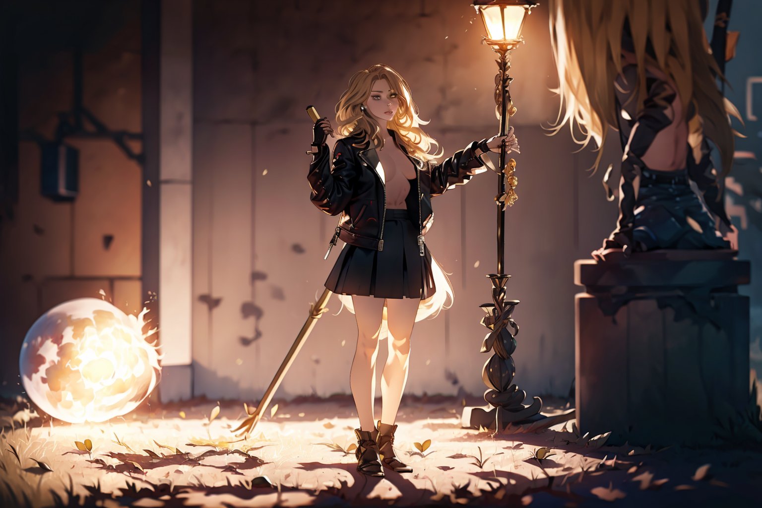 Hyperrealistic, photorealistic, super detailed, volumetric lighting, {vine-covered fortress wall with roses growing along it}, ((full body view)), zantiya standing near gates in a wall (wearing open leather jacket with denim skirt) and (holding a magician's staff), ((long blonde hair)), {{relaxed stance}}, dark circles under eyes, muscular physique, tanned skin, fingerless gloves, naked medium breasts