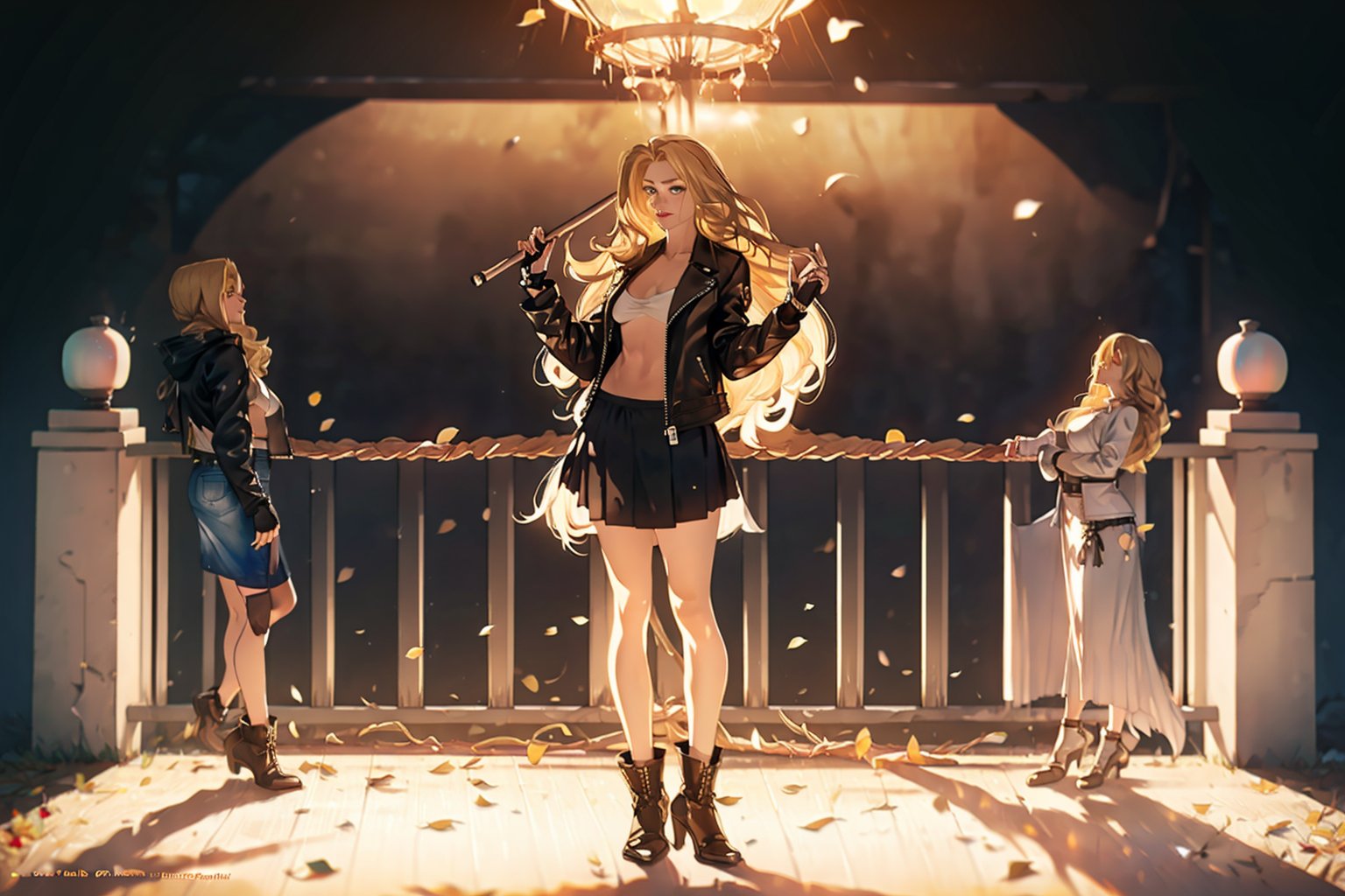 Hyperrealistic, photorealistic, super detailed, volumetric lighting, {vine-covered fortress wall with roses growing along it}, ((full body view)), zantiya standing near gates in a wall (wearing leather jacket with denim skirt) and (holding a magician's staff), ((long blonde hair)), {{defensive stance}}, dark circles under eyes, muscular physique, tanned skin, fingerless gloves, medium breasts