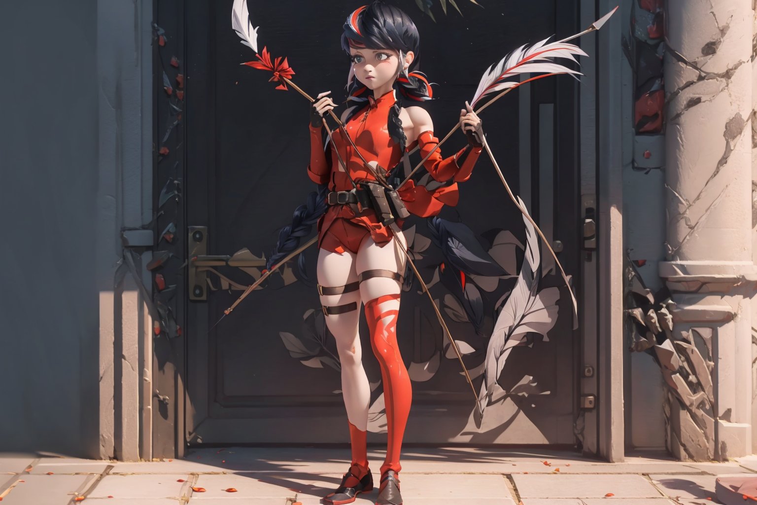 Hyperrealistic, photorealistic, super detailed, volumetric lighting, {vine-covered fortress wall with roses growing along it}, ((full body view)), Marinette Dupain-Cheng standing near gates in a wall (wearing leather armour with metal shoulderpads) and (holding a hunter's bow), ((black hair in tight braid with red streak)), {{concerned look}}, dark circles under eyes, muscular physique, tanned skin, fingerless gloves, medium breasts