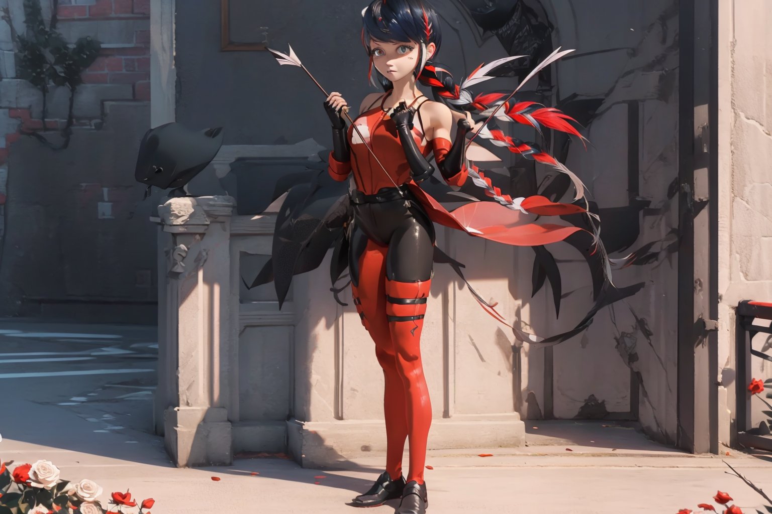 Hyperrealistic, photorealistic, super detailed, volumetric lighting, {vine-covered fortress wall with roses growing along it}, ((full body view)), Marinette Dupain-Cheng standing near gates in a wall (wearing leather armour with metal shoulderpads) and (holding a hunter's bow), ((black hair in tight braid with red streak)), {{concerned look}}, dark circles under eyes, muscular physique, tanned skin, fingerless gloves, medium breasts