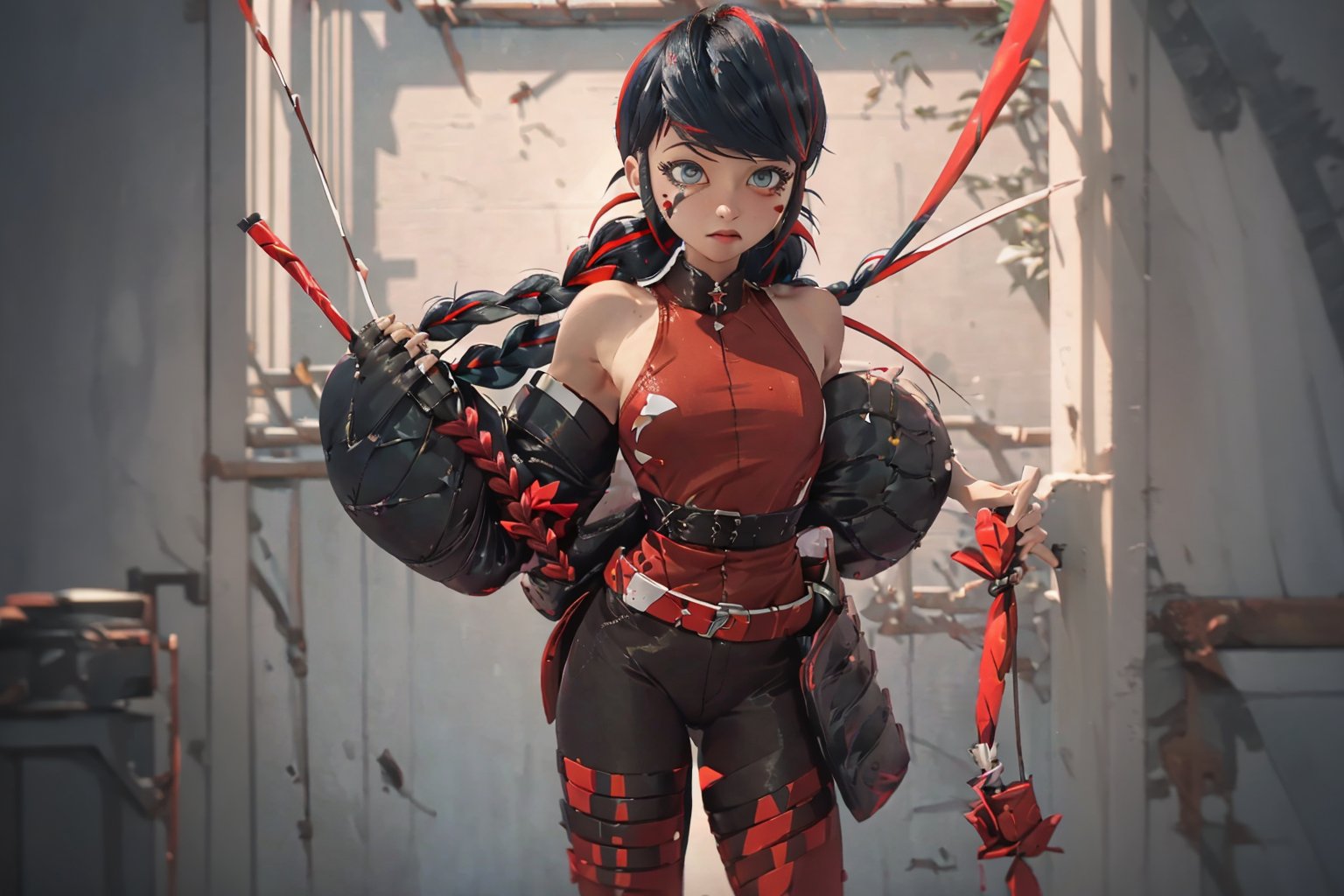 Hyperrealistic, photorealistic, super detailed, volumetric lighting, vine-covered fortress wall with roses growing along it, {{full body view}}, Marinette Dupain-Cheng standing near gates in a wall (wearing leather armour with metal shoulderpads) and (holding a hunter's bow), ((black hair in tight braid with red streak)), {{concerned look}}, dark circles under eyes, muscular physique, tanned skin, fingerless gloves, medium breasts