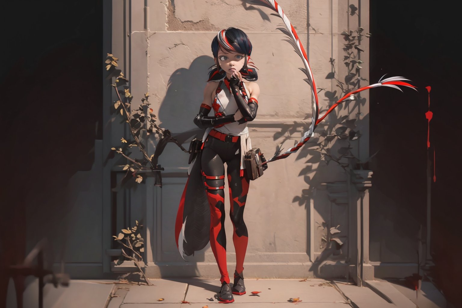 Hyperrealistic, photorealistic, super detailed, volumetric lighting, {vine-covered fortress wall with roses growing along it}, ((full body view)), Marinette Dupain-Cheng standing near gates in a wall (wearing leather armour with metal shoulderpads) and (holding a hunter's bow), ((black hair in tight braid with red streak)), {{concerned look}}, dark circles under eyes, muscular physique, tanned skin, fingerless gloves, medium breasts