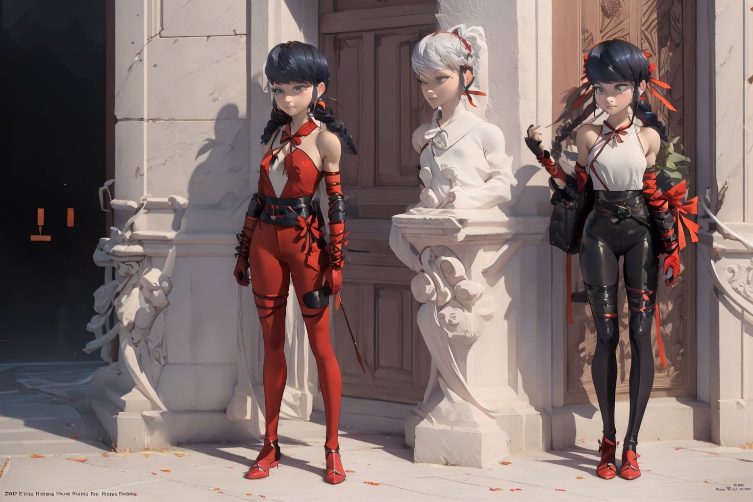 Hyperrealistic, photorealistic, super detailed, volumetric lighting, {vine-covered fortress wall with roses growing along it}, ((full body view)), Marinette Dupain-Cheng standing near gates in a wall (wearing leather armour with metal shoulderpads) and (holding a hunter's bow), ((black hair in tight braid with red ribbon)), {{defensive stance}}, dark circles under eyes, muscular physique, tanned skin, fingerless gloves, medium breasts