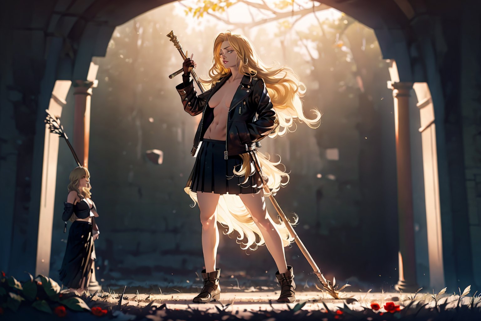 Hyperrealistic, photorealistic, super detailed, volumetric lighting, {vine-covered fortress wall with roses growing along it}, ((full body view)), zantiya standing near gates in a wall (wearing open leather jacket with denim skirt) and (holding a magician's staff), ((long blonde hair)), {{relaxed stance}}, dark circles under eyes, muscular physique, tanned skin, fingerless gloves, naked medium breasts