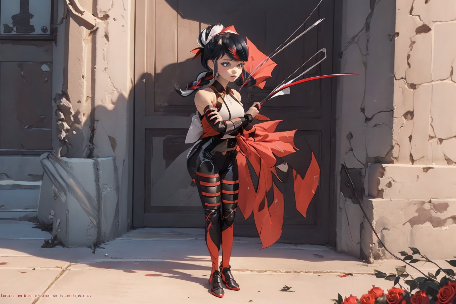 Hyperrealistic, photorealistic, super detailed, volumetric lighting, {vine-covered fortress wall with roses growing along it}, ((full body view)), Marinette Dupain-Cheng standing near gates in a wall (wearing leather armour with metal shoulderpads) and (holding a hunter's bow), ((black hair in tight braid with red streak)), {{concerned look}}, dark circles under eyes, muscular physique, tanned skin, fingerless gloves, medium breasts