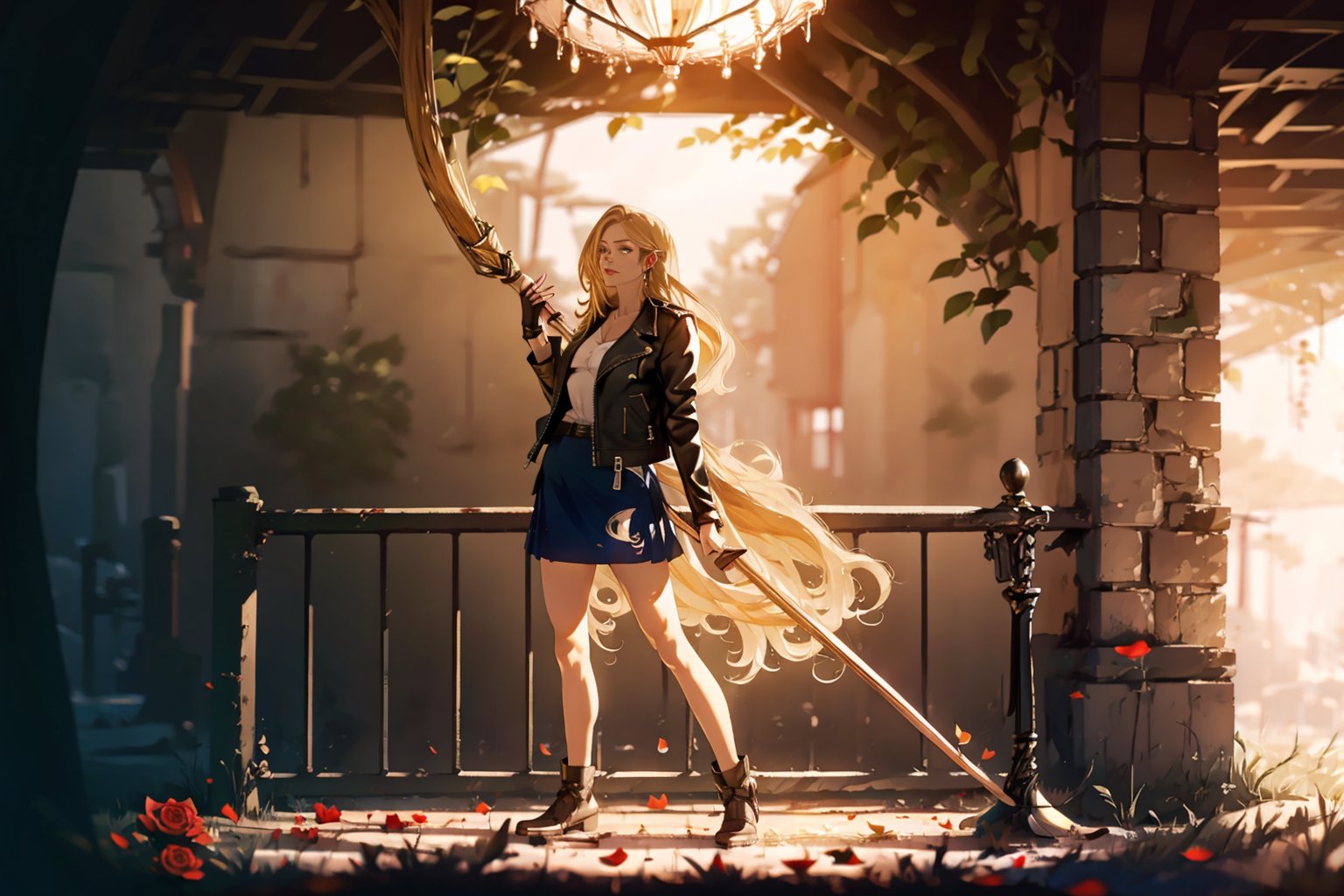 Hyperrealistic, photorealistic, super detailed, volumetric lighting, {vine-covered fortress wall with roses growing along it}, ((full body view)), zantiya standing near gates in a wall (wearing leather jacket with denim skirt) and (holding a magician's staff), ((long blonde hair)), {{relaxed stance}}, dark circles under eyes, muscular physique, tanned skin, fingerless gloves, medium breasts