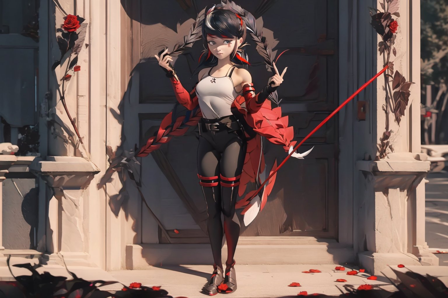 Hyperrealistic, photorealistic, super detailed, volumetric lighting, {vine-covered fortress wall with roses growing along it}, ((full body view)), Marinette Dupain-Cheng standing near gates in a wall (wearing leather armour with metal shoulderpads) and (holding a hunter's bow), ((black hair in tight braid with red streak)), {{concerned look}}, dark circles under eyes, muscular physique, tanned skin, fingerless gloves, medium breasts