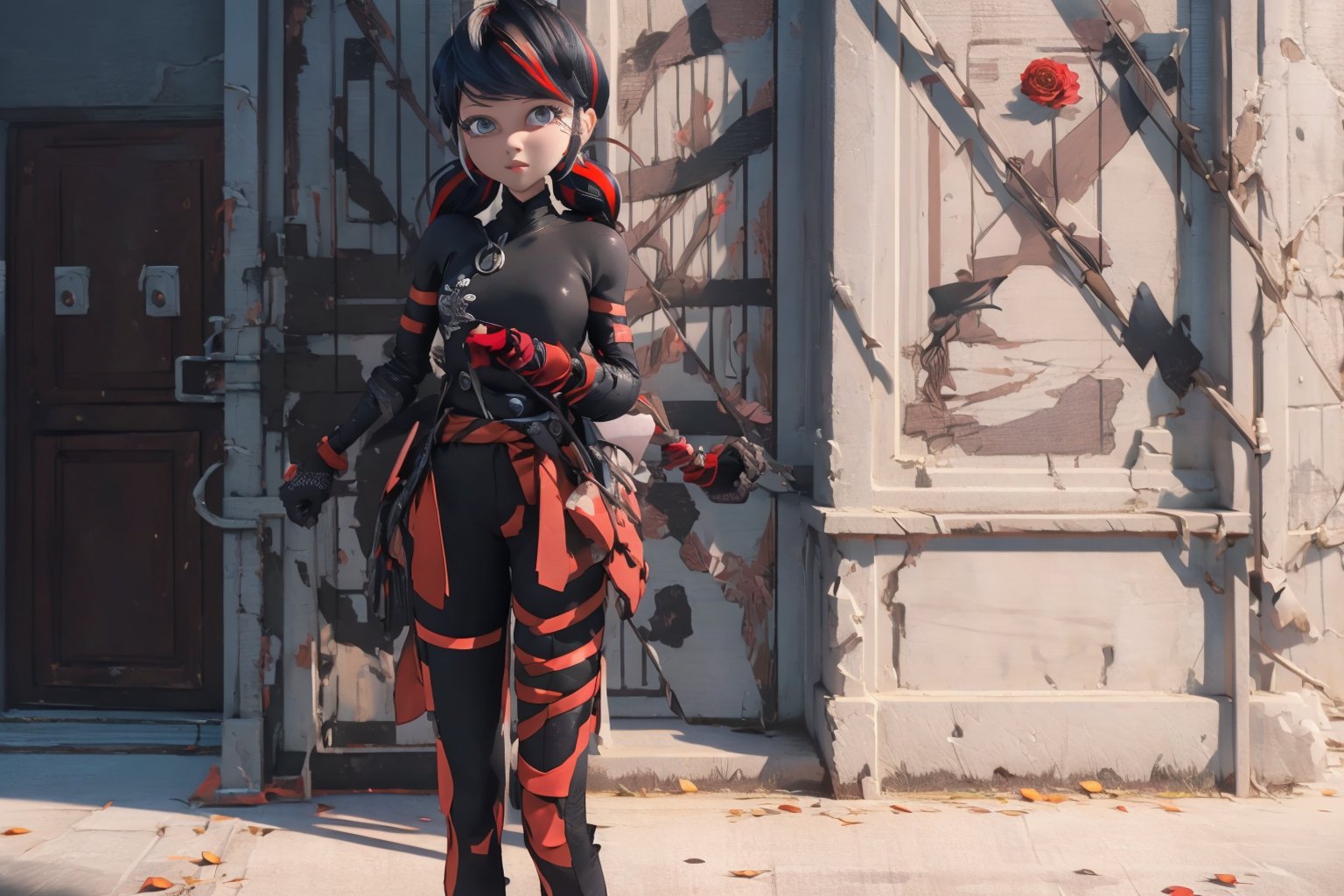 Hyperrealistic, photorealistic, super detailed, volumetric lighting, vine-covered fortress wall with roses growing along it, {{full body view}}, Marinette Dupain-Cheng standing near gates in a wall (wearing chainrings armour) and (holding a hunter's bow), ((black hair in tight braid with red streak)), {{concerned look}}, dark circles under eyes, muscular physique, tanned skin, fingerless gloves, medium breasts