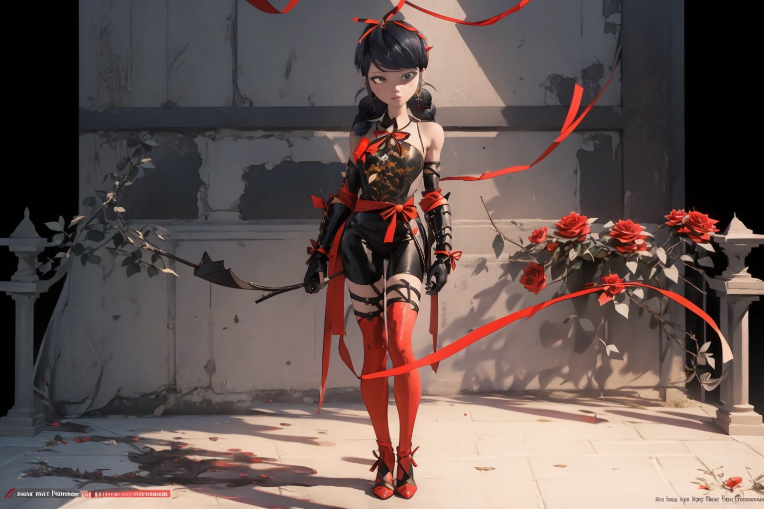 Hyperrealistic, photorealistic, super detailed, volumetric lighting, {vine-covered fortress wall with roses growing along it}, ((full body view)), Marinette Dupain-Cheng standing near gates in a wall (wearing leather armour with metal shoulderpads) and (holding a hunter's bow), ((black hair in tight braid with red ribbon)), {{defensive stance}}, dark circles under eyes, muscular physique, tanned skin, fingerless gloves, medium breasts