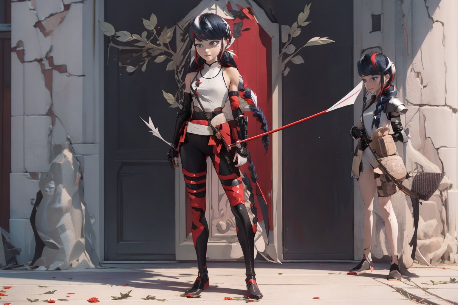 Hyperrealistic, photorealistic, super detailed, volumetric lighting, {vine-covered fortress wall with roses growing along it}, ((full body view)), Marinette Dupain-Cheng standing near gates in a wall (wearing leather armour with metal shoulderpads) and (holding a hunter's bow), ((black hair in tight braid with red streak)), {{concerned look}}, dark circles under eyes, muscular physique, tanned skin, fingerless gloves, medium breasts