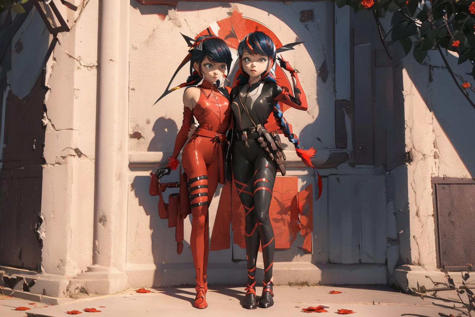 Hyperrealistic, photorealistic, super detailed, volumetric lighting, {vine-covered fortress wall with roses growing along it}, ((full body view)), Marinette Dupain-Cheng standing near gates in a wall (wearing leather armour with metal shoulderpads) and (holding a hunter's bow), ((black hair in tight braid with red streak)), {{concerned look}}, dark circles under eyes, muscular physique, tanned skin, fingerless gloves, medium breasts