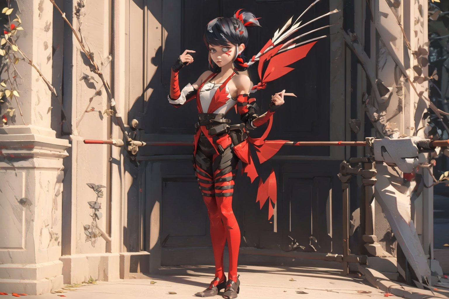 Hyperrealistic, photorealistic, super detailed, volumetric lighting, {vine-covered fortress wall with roses growing along it}, ((full body view)), Marinette Dupain-Cheng standing near gates in a wall (wearing leather armour with metal shoulderpads) and (holding a hunter's bow), ((black hair in tight braid with red streak)), {{concerned look}}, dark circles under eyes, muscular physique, tanned skin, fingerless gloves, medium breasts