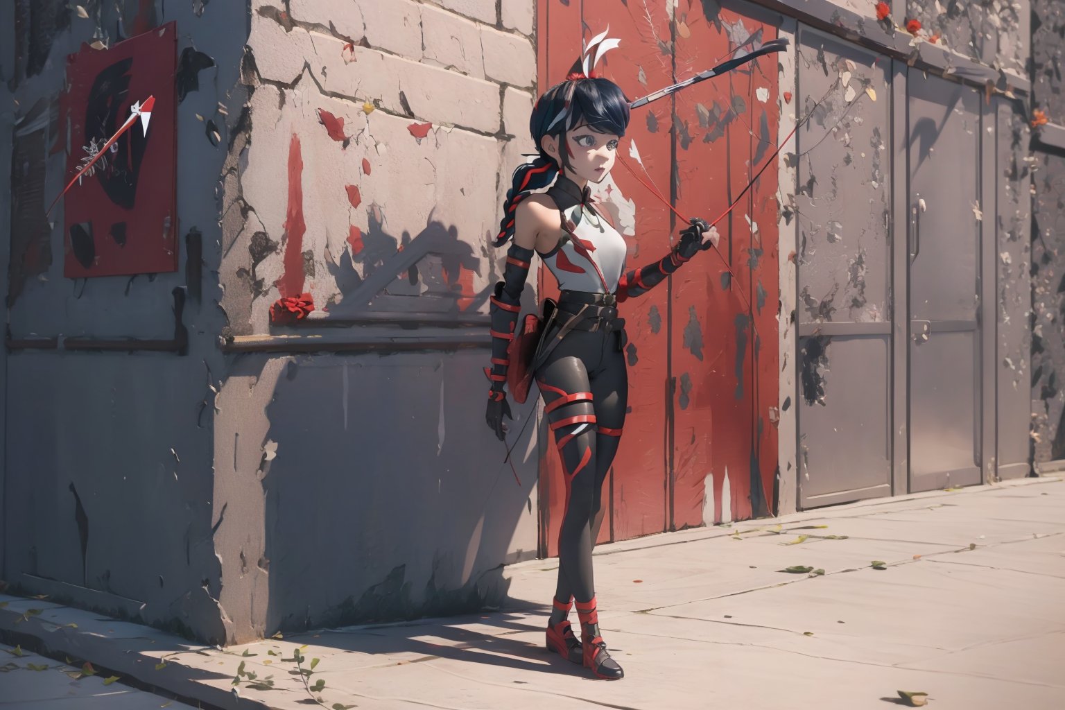 Hyperrealistic, photorealistic, super detailed, volumetric lighting, {vine-covered fortress wall with roses growing along it}, ((full body view)), Marinette Dupain-Cheng standing near gates in a wall (wearing leather armour with metal shoulderpads) and (holding a hunter's bow), ((black hair in tight braid with red streak)), {{concerned look}}, dark circles under eyes, muscular physique, tanned skin, fingerless gloves, medium breasts