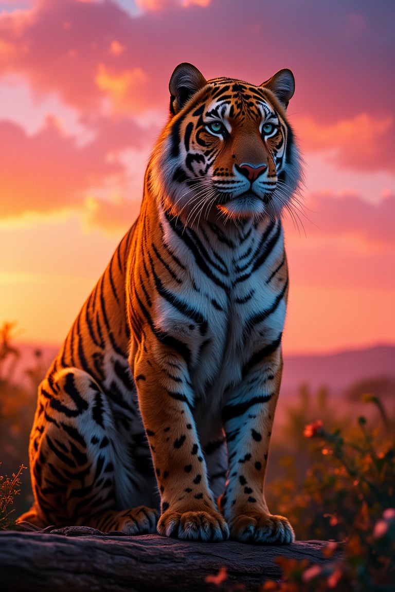 cinematic film still cinematic film still A vivid portrayal of a tiger, captured in a close-up shot. The tiger is perched atop a wooden log, with its gaze directed forward, exuding a sense of alertness. The background is awash with a gradient of warm hues, transitioning from a deep orange near the horizon to a soft pinkish-purple as it ascends. The sky above is painted with soft clouds, adding depth and a dreamy quality to the scene. The tigers' fur is intricately detailed, with a mix of orange, black, and white stripes, and their eyes are a striking shade of blue. The overall style of the image is realistic with a touch of artistic flair, emphasizing the beauty and majesty of the tiger in its natural habitat. . shallow depth of field, vignette, highly detailed, high budget, bokeh, cinemascope, moody, epic, gorgeous, film grain, grainy . shallow depth of field, vignette, highly detailed, high budget, bokeh, cinemascope, moody, epic, gorgeous, film grain, grainy