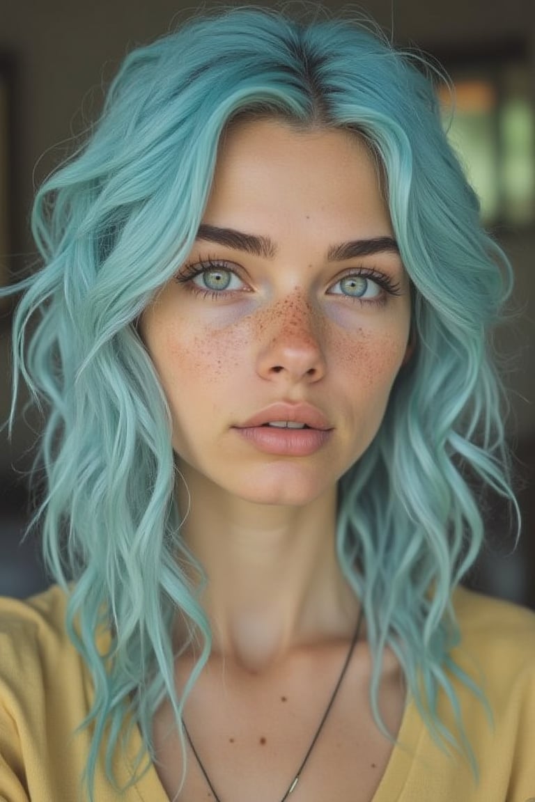 Photo of a young woman with pastel blue hair, natural-looking, yellow eyeshadow, pale skin, freckles, pastel colors