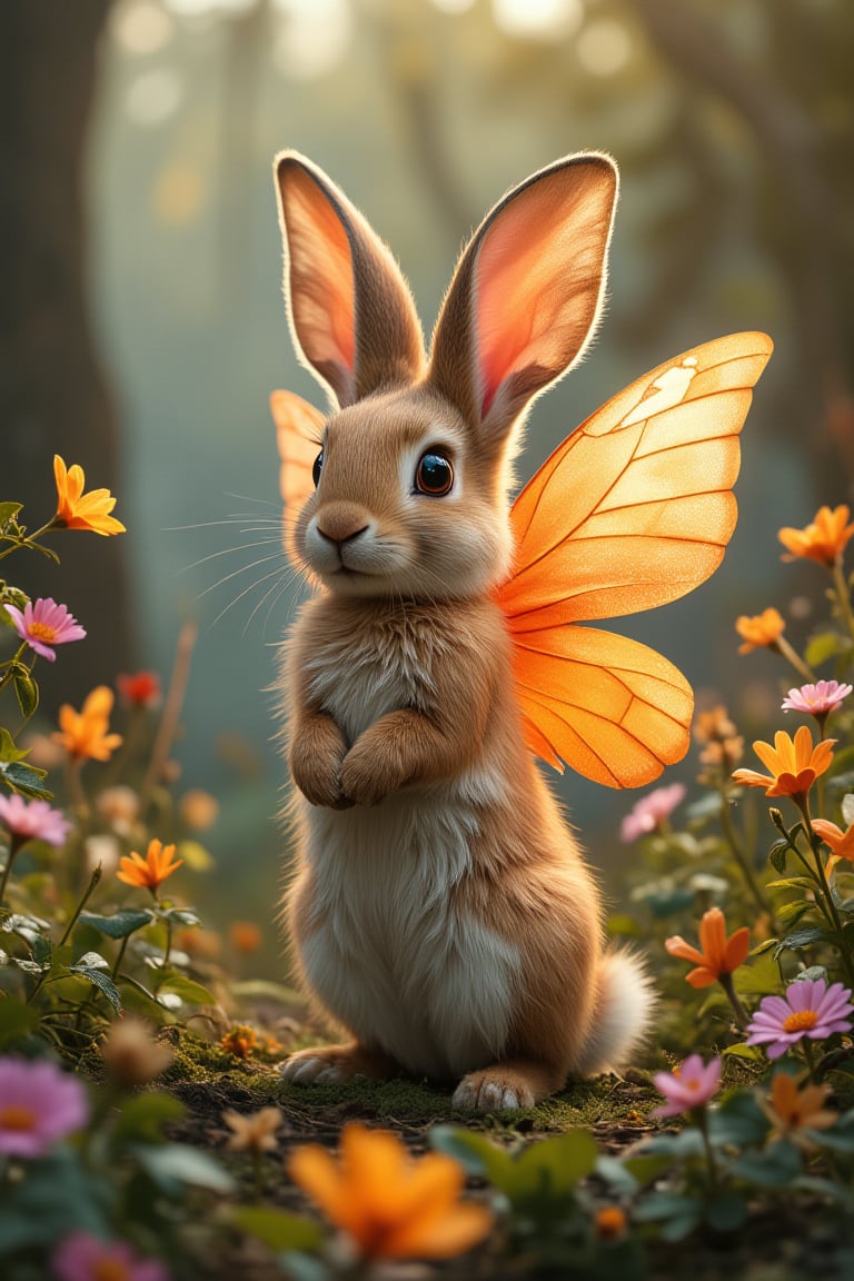 In a forest filled with flowers, let the cute rabbit with butterfly wings look real