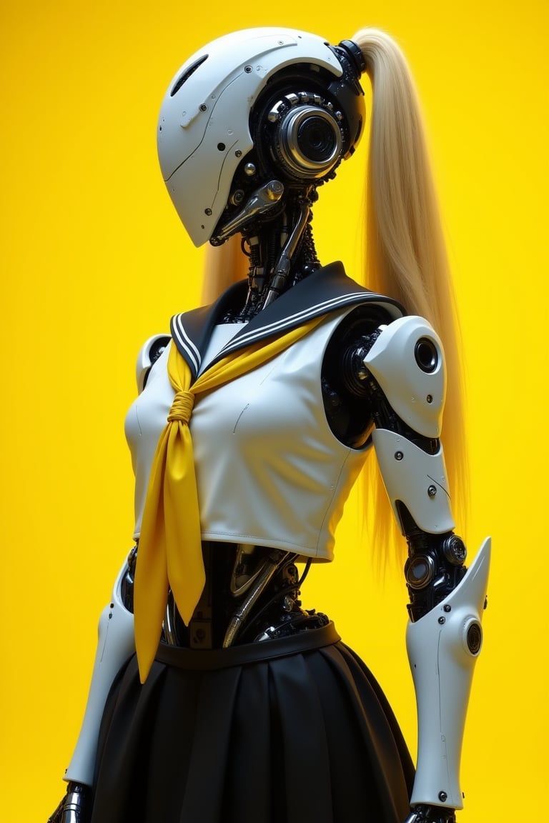 cinematic film still a humanoid robot with pigtails is dressed in a school uniform, featuring a white sailor-style top with a yellow scarf and a black skirt. the robot's mechanical parts are visible beneath the clothing, with intricate details on the large arms and torso, including gears, wires, and metal plating. the background is a bold, solid yellow, contrasting sharply with the robot's monochrome and metallic tones. the overall design blends elements of both traditional school attire and advanced robotics, creating a striking and unique visual. . shallow depth of field, vignette, highly detailed, high budget, bokeh, cinemascope, moody, epic, gorgeous, film grain, grainy