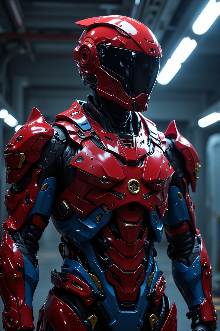 a highly detailed, professional, award-winning image of a male soldier wearing a sleek, shiny, predominantly red and blue futuristic suit of armor with gold accents on the shoulders and arms, standing in a dark room with a high ceiling and bright lights, with a red helmet featuring a large visor covering the entire face, the armor composed of multiple layers including a chest plate, arms, and chest plates, all made of metal.