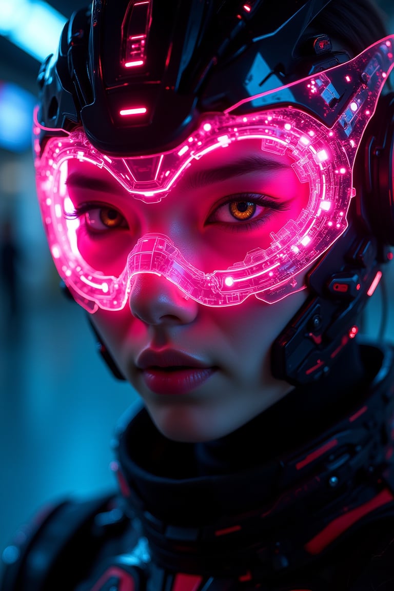 A close-up of a person's face, adorned with a futuristic visor that emits a neon pink glow. The visor is overlaid with intricate digital patterns and symbols, predominantly in shades of pink and red. The person's eyes are a striking shade of amber, reflecting the ambient light. The individual is wearing a dark, possibly black, outfit with red accents, suggesting a high-tech or cyberpunk aesthetic. The background is blurred, emphasizing the subject, and the overall color palette is dominated by cool tones with pops of warm neon colors.