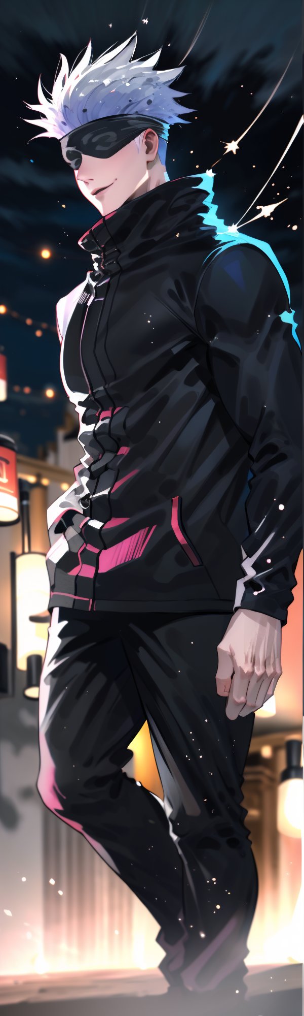 ((full body)), large_muscles, Gojo Satoru, focus male, black jacket, blindfolded, Jujutsu kaisen, mix of fantasy and realism, special effects, fantasy, ultra hd, hdr, 4k, realhands, neutral smile face, perfect, abandon city, blur lights, (masterpiece, best quality, highres:1.1, photorealistic:1.2), (realistic, realistic skin texture:1.2), (natural skin texture, hyperrealism, soft light, sharp), 