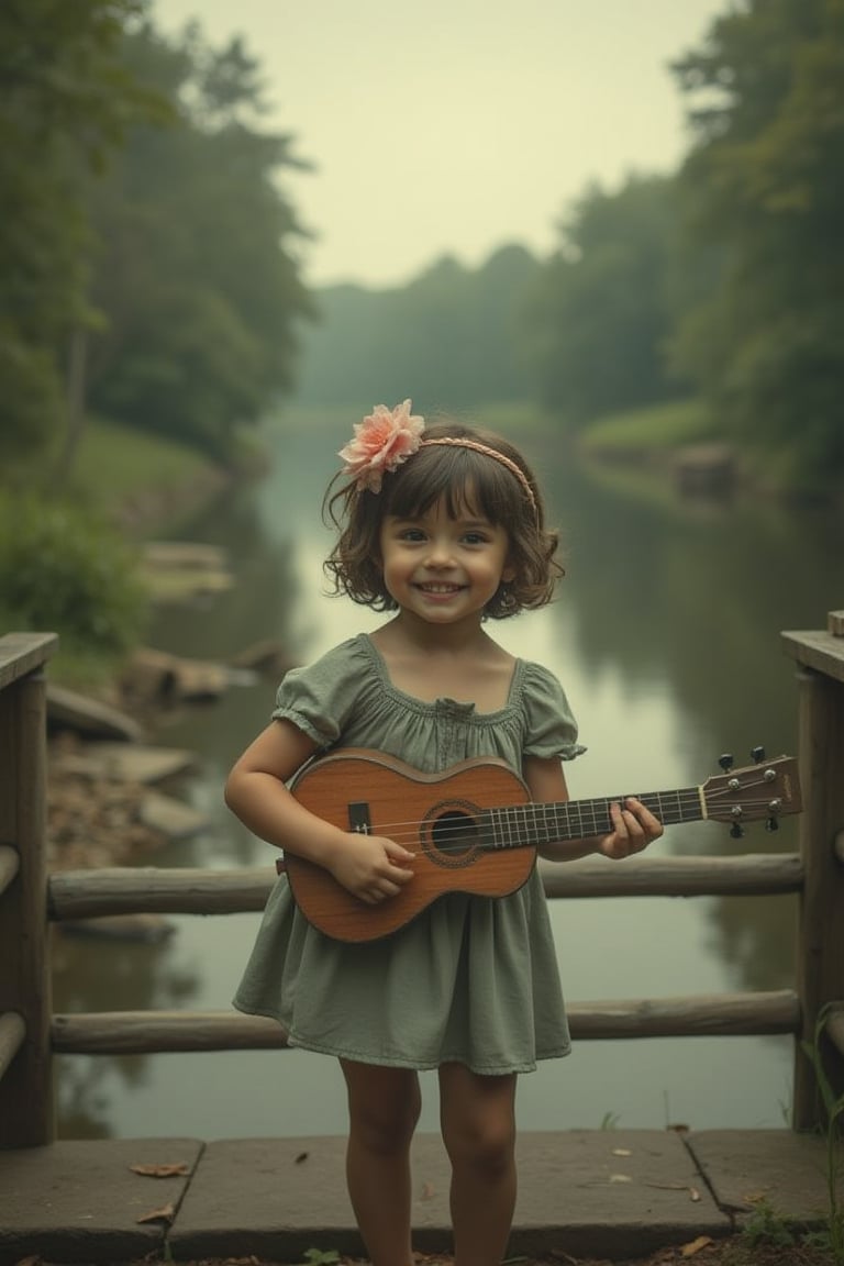 clasic analogue pictures, a cute little girl at the river bridge , wear short flower hair, hold a ukelele, dramatic, 
