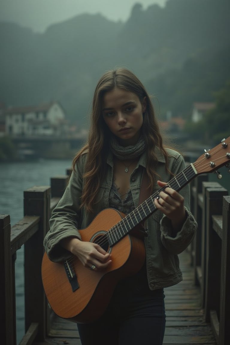 analogue pictures, a girl at the bridge, hold a ukelele, dramatic, 
