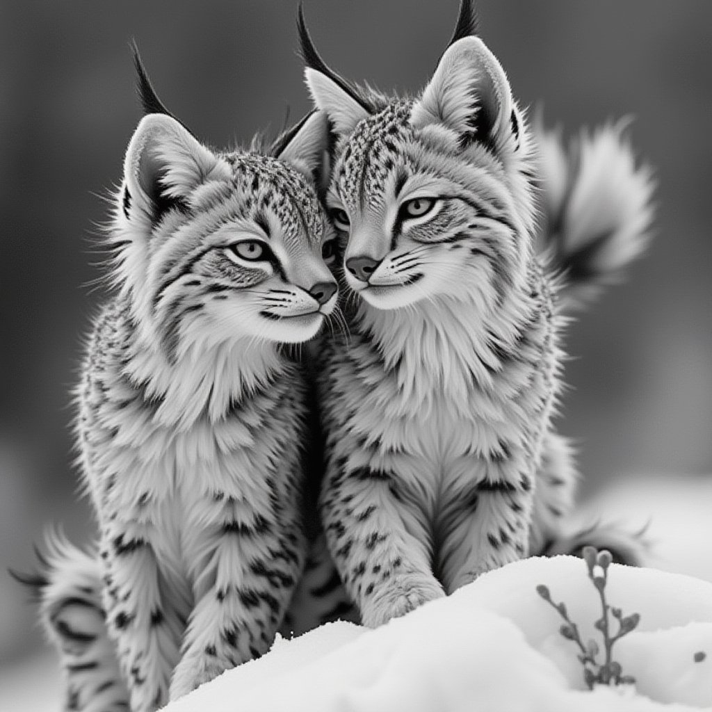 Black and White: Simple background: Full body: a male baby lynx with pointy ears and a female baby lynx with pointy ears, engage in love movements with a smile and peace on their faces. The male baby lynx is on the back of the female, with his tail constantly moving.  Creating a happy and smiling scene. High-quality, perfect lynx body movements, super detailed, and superb photography from award-winning photography. The scene captures the natural, full-of-love behavior of nature, with light and shadow enhancing the masterpiece.