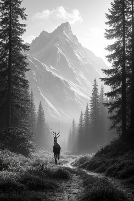 Black and white: a tall pine tree forest on the slopes of a high mountain range. A lot of trees covered slopes. The silhouette of a deer standing at the beginning of the path at the entrance of the forest, looking at the mountain.