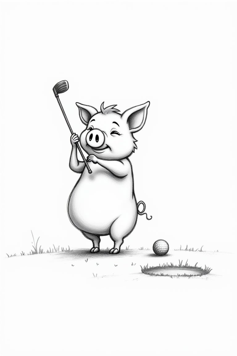 Black and white: Sketch: Line work: A pig playing golf. 