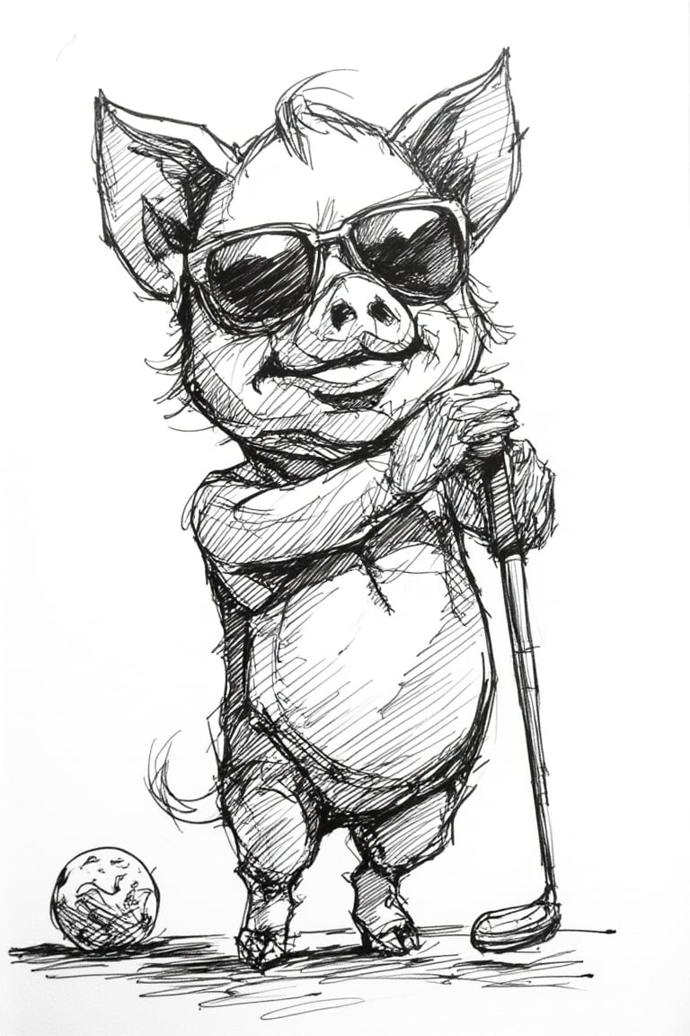 Black and white: Sketch: Line work: A pig with sunglasses, playing golf. ,0ilac_style,in the style of t0k