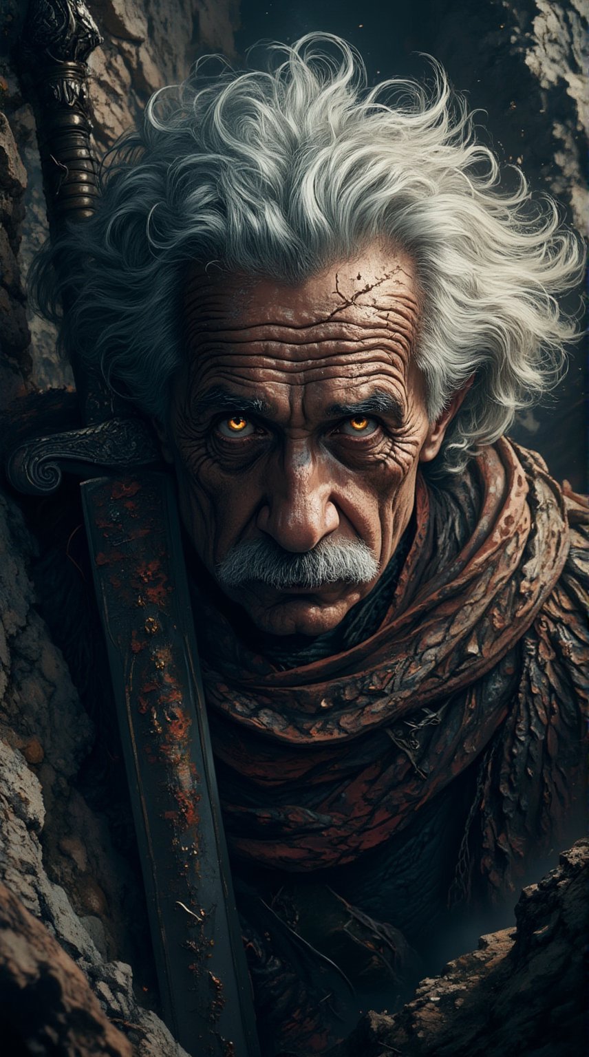 Albert Einsteins's rugged face, weathered by time and battle scars, His piercing gaze meets the camera's lens, his eyes burning with a fierce determination. The sword, an extension of his unyielding will, hangs at his side in a rocky outcropping, the harsh landscape mirroring the turmoil within.