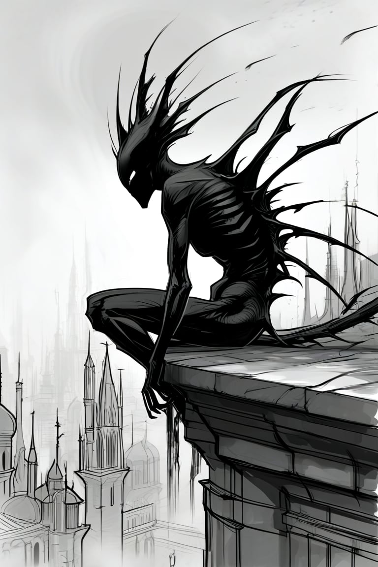 Full body: Black and white: Sketch: Line work: A dark, humanoid figure with glowing red streaks and sharp, elongated spikes protruding from its back. The figure is perched on the edge of a high structure, overlooking a misty cityscape with various architectural buildings. The atmosphere is eerie, with a smoky aura emanating from the figure, blending with the misty backdrop.