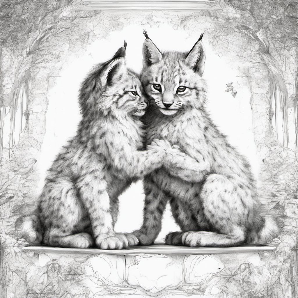 Full body: two baby Lynx hug and play with each other. sketch, mythical creature