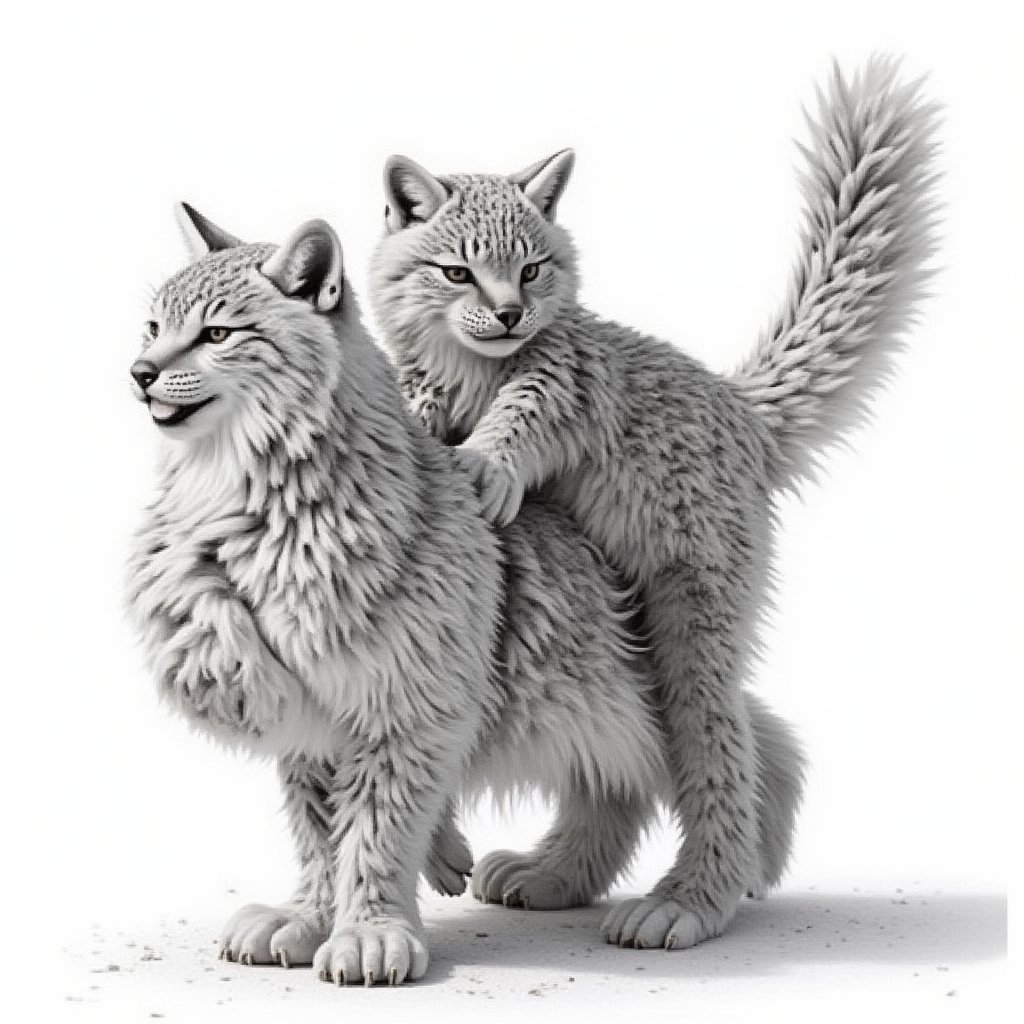 Black and White: Simple background: Full body: a male baby lynx and a female baby lynx engage in love movements with a smile and peace on their faces. The male baby lynx is on the back of the female, with his tail constantly moving.  Creating a happy and smiling scene. High-quality, perfect lynx body movements, super detailed, and superb photography from award-winning photography. The scene captures the natural, full-of-love behavior of nature, with light and shadow enhancing the masterpiece.