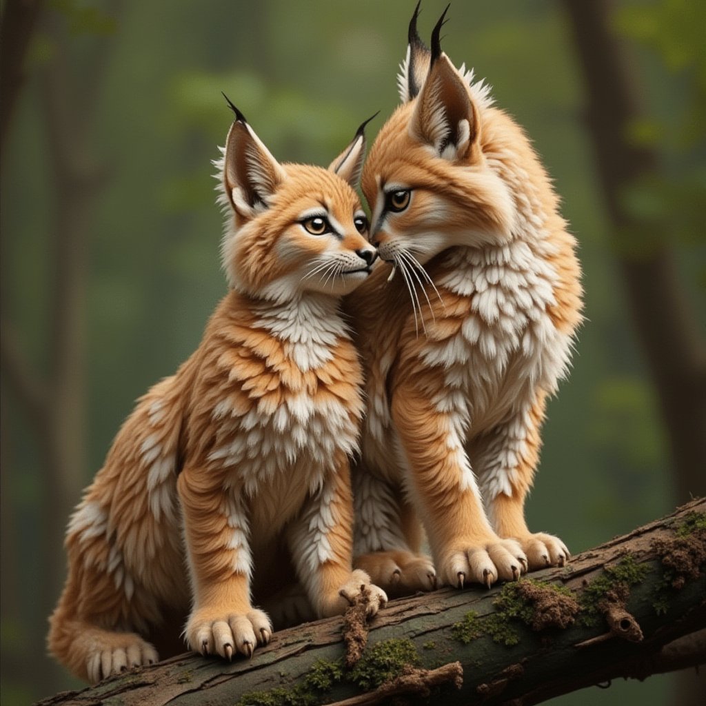 Simple background: On a branch of a tree, a male baby lynx and a female baby lynx engage in love movements. The male baby lynx is on the back of the female, with his tail constantly moving.  Creating a happy and smiling scene. High-quality, perfect lynx body movements, super detailed, and superb photography from award-winning photography. The scene captures the natural, full-of-love behavior of nature, with light and shadow enhancing the masterpiece.