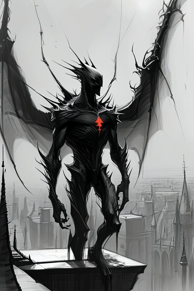 Black and white: Sketch: Line work: A dark, humanoid figure with glowing red streaks and sharp, elongated spikes protruding from its back. The figure is perched on the edge of a high structure, overlooking a misty cityscape with various architectural buildings. The atmosphere is eerie, with a smoky aura emanating from the figure, blending with the misty backdrop.