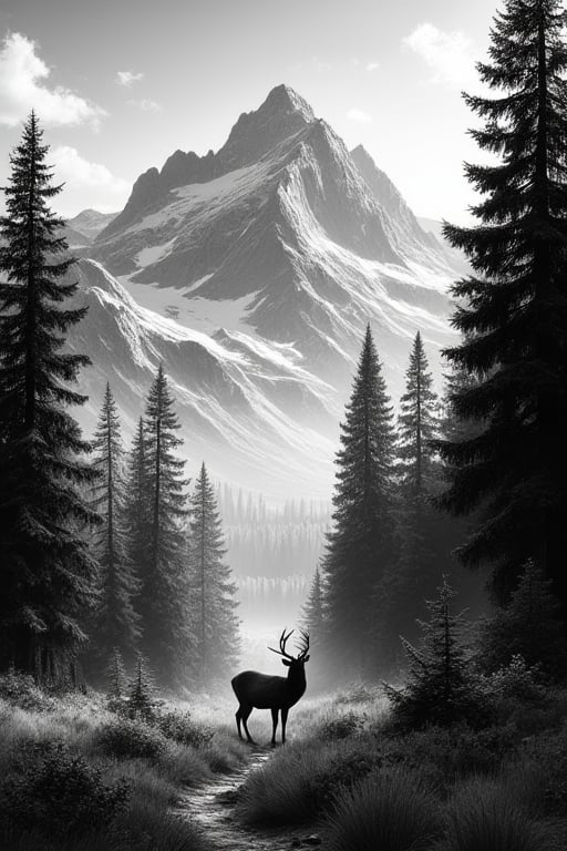 Black and white: a tall pine tree forest on the slopes of a high mountain range. The silhouette of a deer standing at the beginning of the path at the entrance of the forest, looking at the mountain.