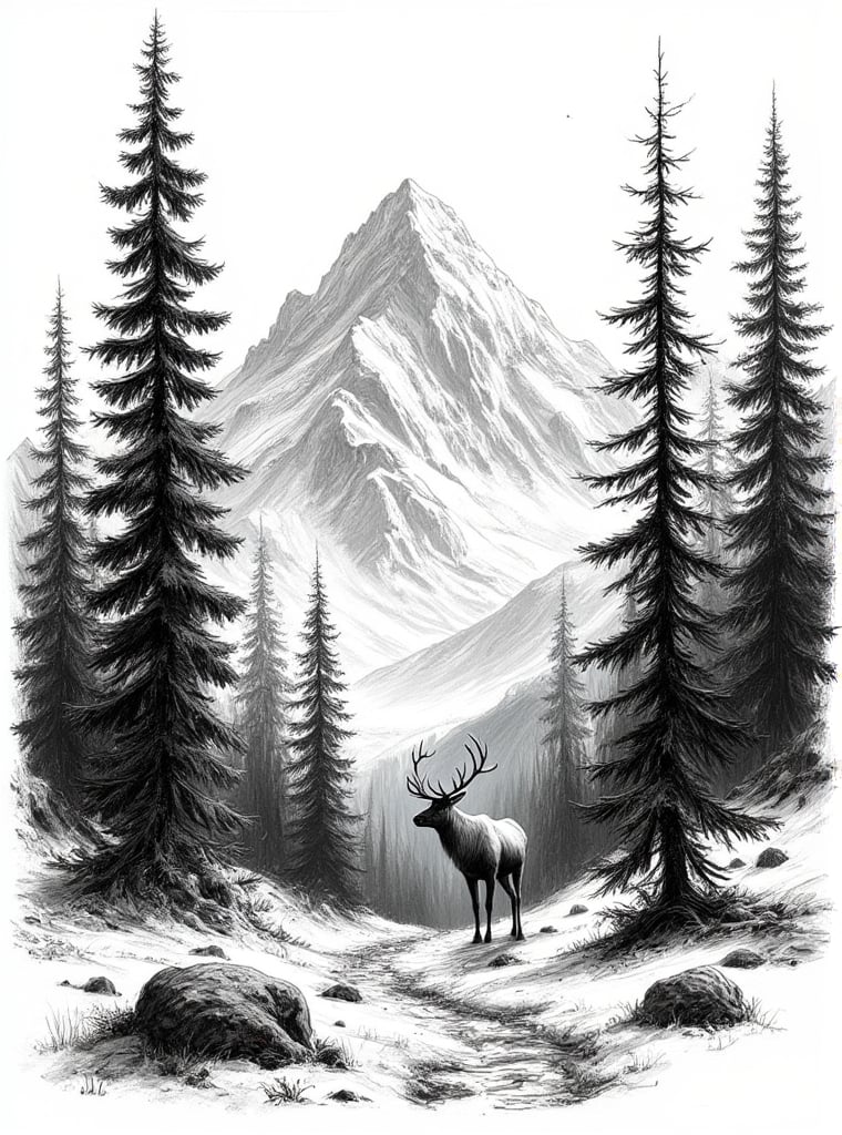 Black and white: Sketch: Line work: tall pine tree forest on the slopes of a high mountain range. The silhouette of a strong and big reindeer standing at the beginning of the forest, looking at the mountain.