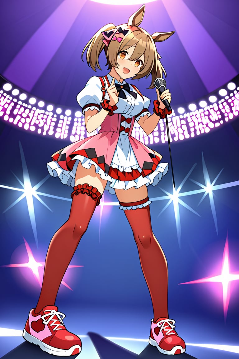 masterpiece, best quality, 
smart falcon \(umamusume\), 
full body, standing, stage lights, glowstick, 
holding microphone, music, singing, 
hair bow, hair ribbon, puffy short sleeves, wrist cuffs, wrist scrunchie, collared shirt, white shirt, suspenders, black bowtie, center frills, back bow, suspender skirt, pink skirt, high-waist skirt, frilled skirt, dress, bridal garter, thigh strap, frilled socks, red socks, red footwear, sneakers, 