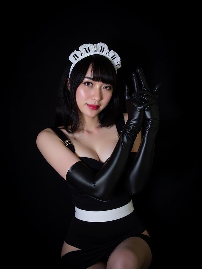 A photo of a 22-year-old thai woman with half-Korean heritage. WEARING long black latex gloves and maid outfit she is cosplayer. The photo was taken on film using flash photography. The background is black. The lighting is professional.,UPPON BUN black hair,psylock from X-men,