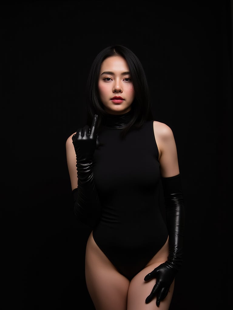 A photo of a 22-year-old thai woman with half-Korean heritage. WEARING long black latex gloves and latex black turtle neck one-picec swimsuit. she is cosplayer. The photo was taken on film using flash photography. The background is black. The lighting is professional.,UPPON BUN black hair,psylock from X-men,WEARING long black latex socks