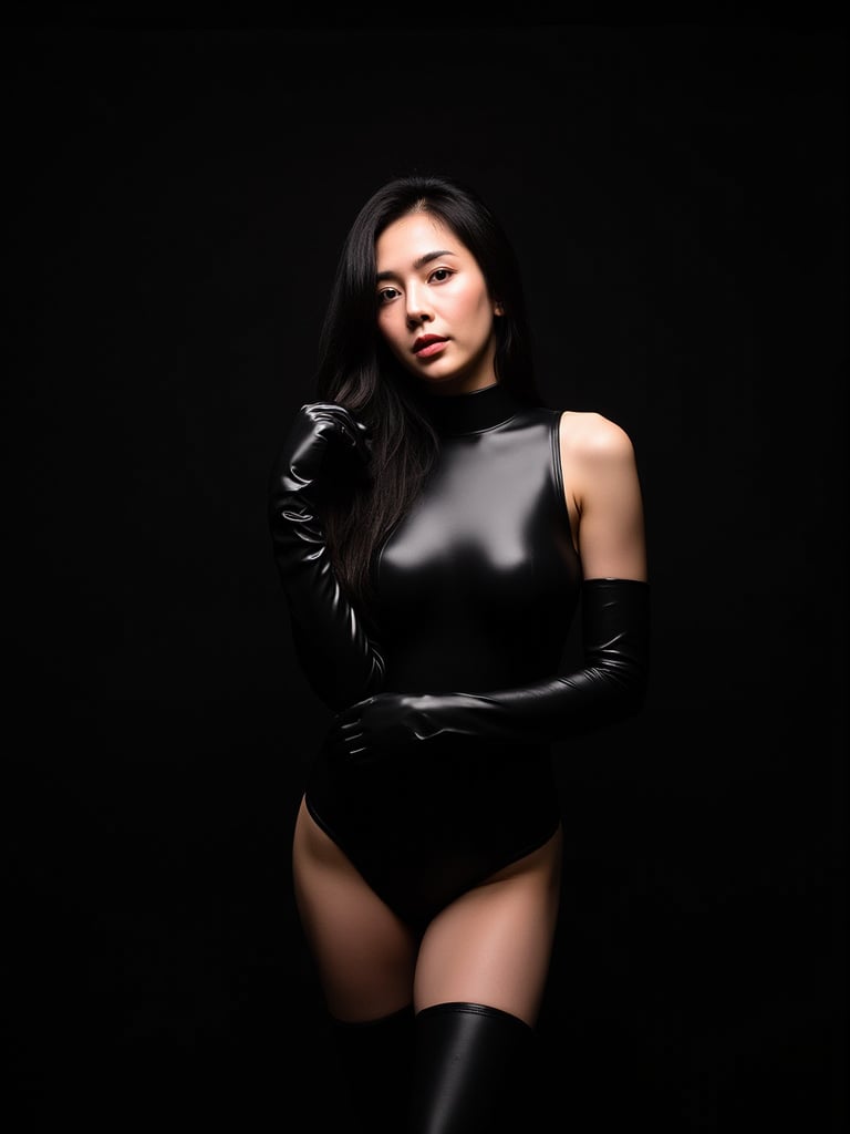 A photo of a 22-year-old thai woman with half-Korean heritage. WEARING long black latex gloves and latex black turtle neck one-picec swimsuit. she is cosplayer. The photo was taken on film using flash photography. The background is black. The lighting is professional.,long black hair,psylock from X-men,