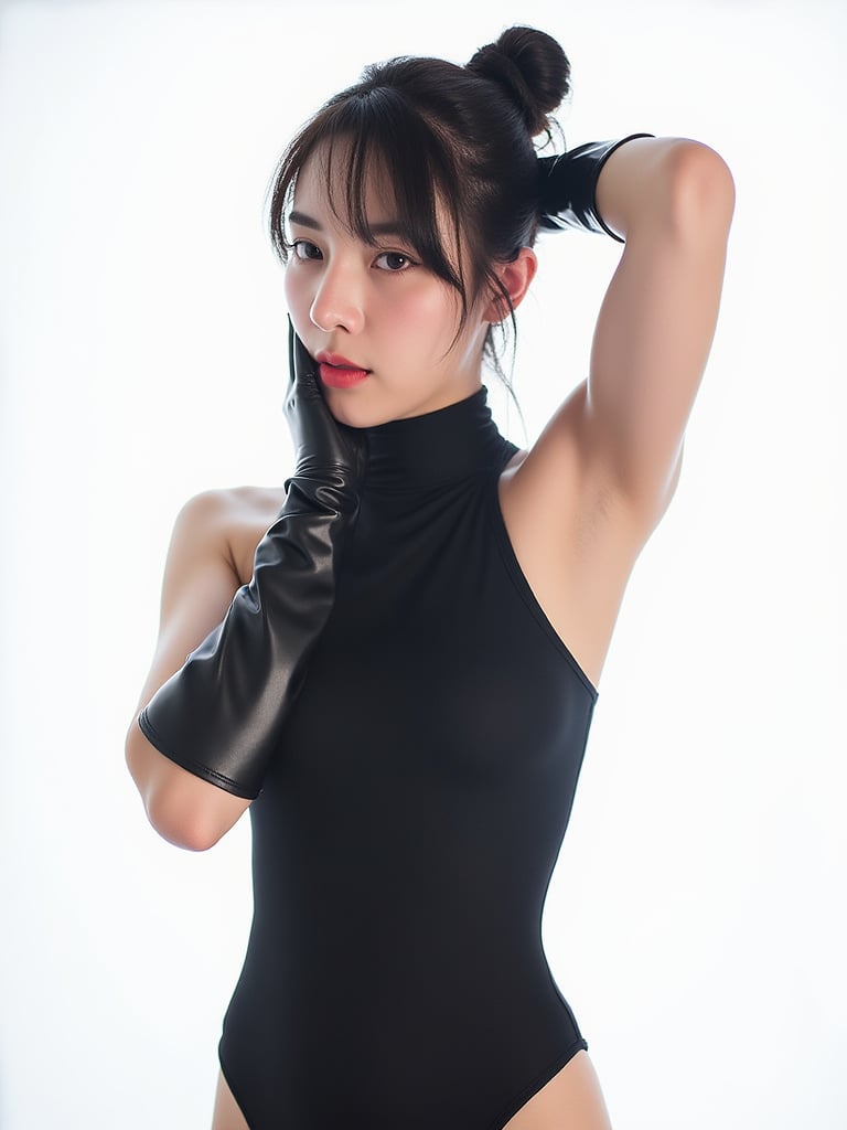 A photo of a 22-year-old beautiful Korean heritage woman . WEARING long black latex gloves and SEE THORUGH turtle neck one-picec swimsuit. she is cosplayer. The photo was taken on film using flash photography. The background is white. The lighting is professional.,top single bun hair,red mouth,bang hair,light professional,hands behind head