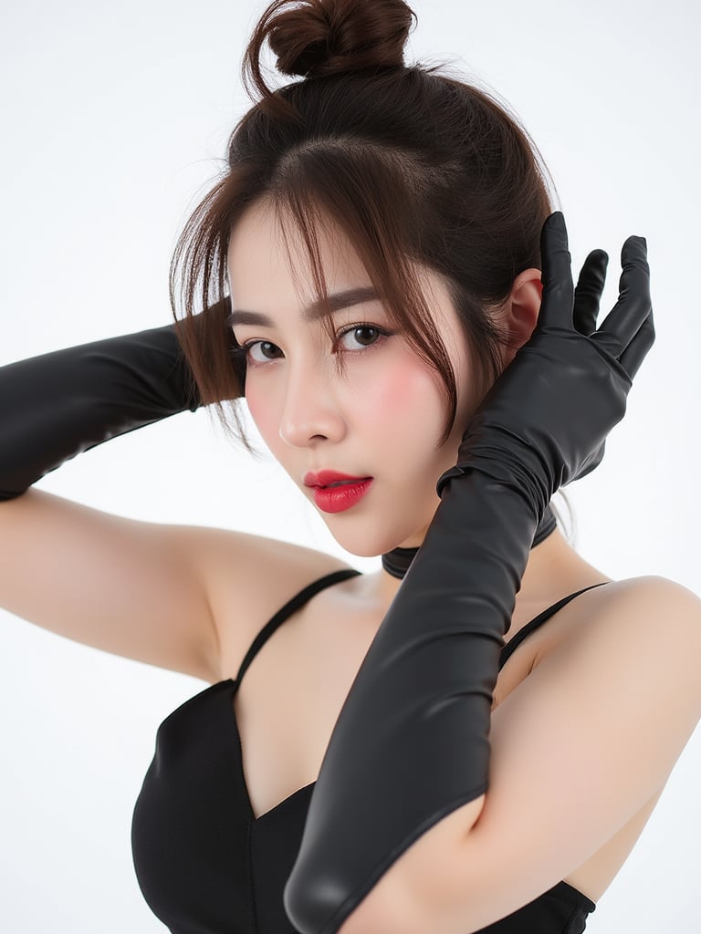 A photo of a 22-year-old beautiful Korean heritage woman . WEARING long black latex gloves and slave, collar, leash,. The photo was taken on film using flash photography. The background is white. The lighting is professional.,top single bun hair,red mouth,bang hair,light professional,hands behind head