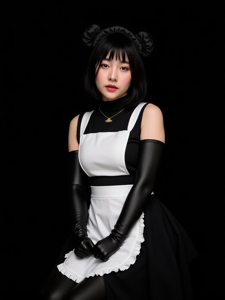 A photo of a 22-year-old thai woman with half-Korean heritage. WEARING long black latex gloves and maid outfit she is cosplayer. The photo was taken on film using flash photography. The background is black. The lighting is professional.,UPPON BUN black hair,psylock from X-men,