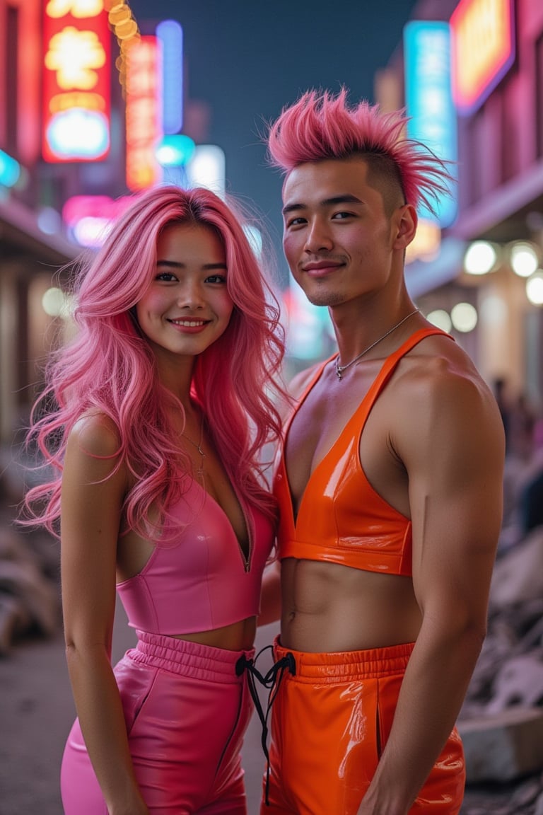 A captivating photo of a young Asian man and an Asian girl, styled with unique hair and vibrant outfits, set against a backdrop of a neon-lit city in ruins. The girl has striking wavy pink hair, while the man sports a bold mohawk. Both are dressed in tight pink and orange latex dresses, looking directly at the camera with cheerful smiles. They strike a playful, cute pose, adding a lively contrast to the desolate urban setting. The scene is illuminated by the neon lights, casting colorful reflections on the crumbling structures, creating a surreal Saturday night atmosphere.