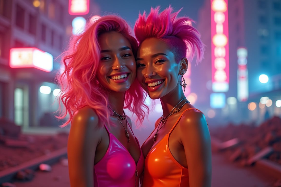 A vibrant photo of two young Asian women, one with striking wavy pink hair and the other sporting a bold mohawk. They are dressed in form-fitting pink and orange latex dresses, smiling and posing cutely towards the camera. The scene is set against the backdrop of a neon-lit city in ruins, under the glow of a Saturday night sky. The composition highlights their playful expressions and dynamic hairstyles amidst the futuristic decay.