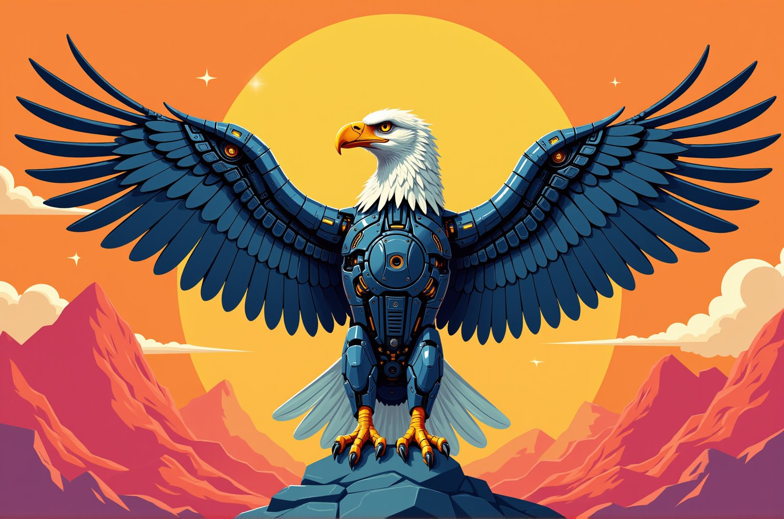 surreal photography, dreamlike imagery of a mechanical eagle spreads its wings,flat colors