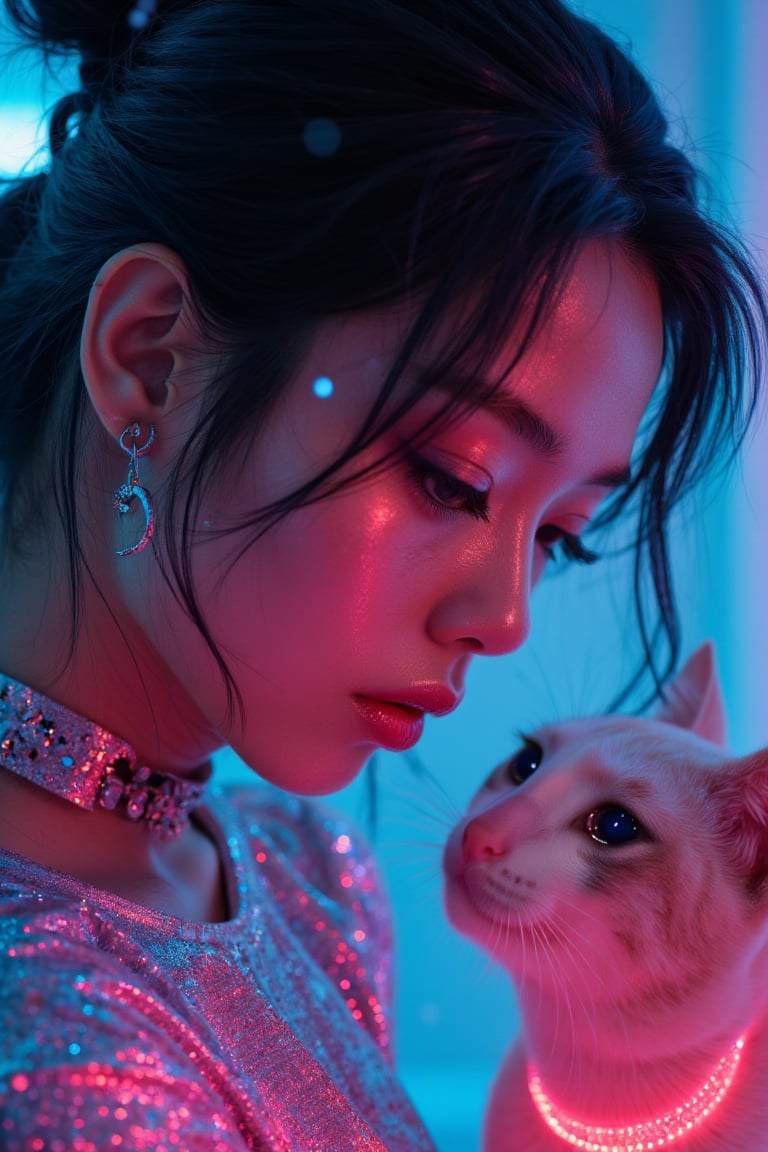 a close up of a woman wearing a shiny top and a choke, ross tran 8 k, glowing magical shiny skin, by Russell Dongjun Lu, beautiful digital artwork, brandon woelfel, ross tran style, bright cyberpunk glow, dreamy cyberpunk girl, artem demura beeple, cyberpunk vibes,  beside her is a,crying cat looking at her